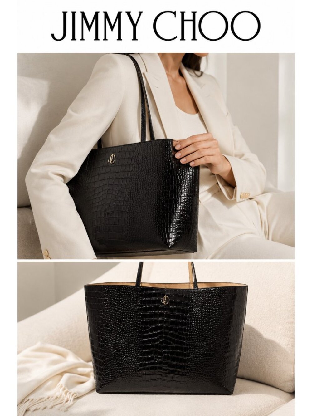 Jimmy Choo Black Croc Embossed Leather Large Tote Bag Gold JC Logo Luxury